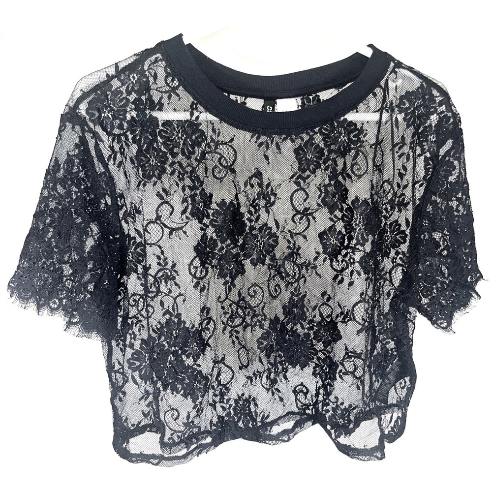 H&M Divided Black Floral Lace Sheer Crop Top Gothic Grunge Streetwear Medium